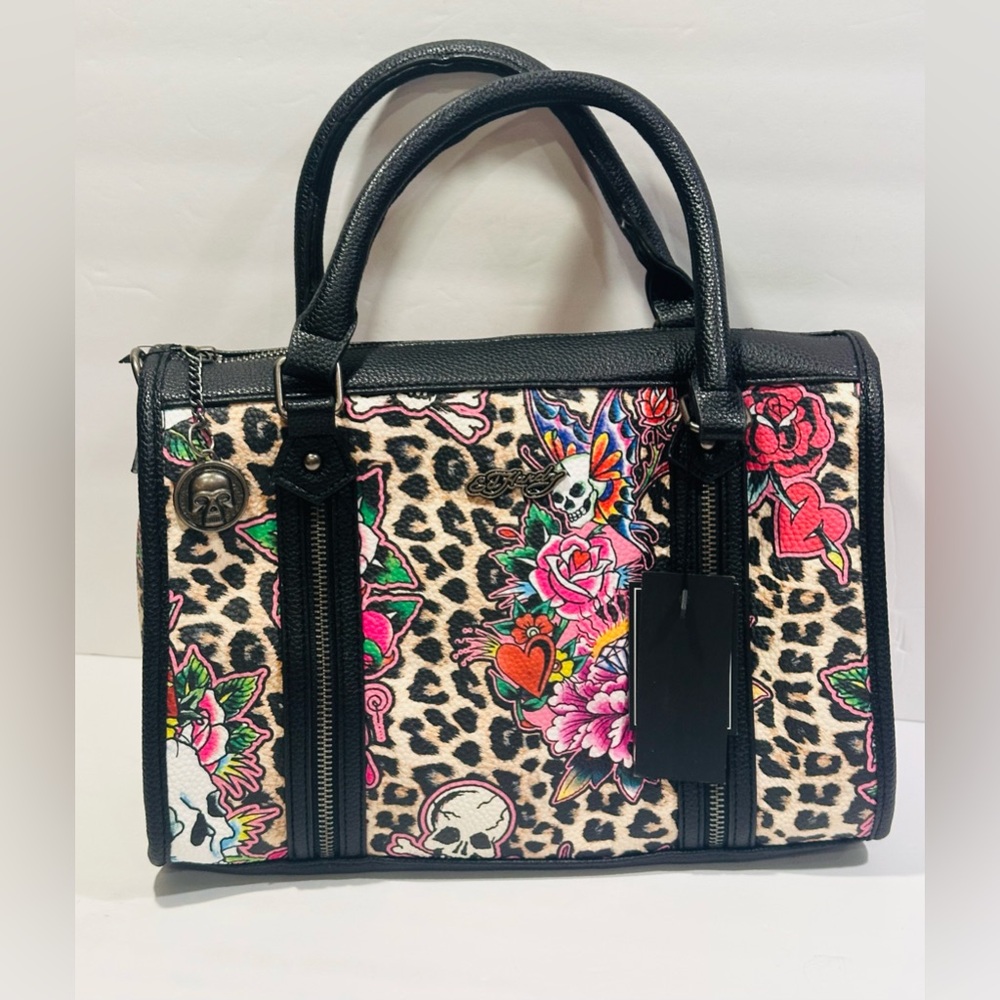 Ed Hardy Cheetah Print Handbag with Floral and Skull Design